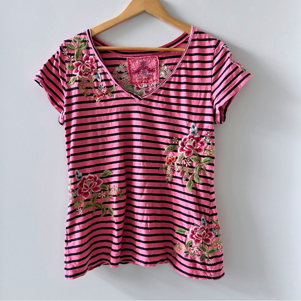 Johnny Was Pink and Black Striped Top with Floral Embroidery